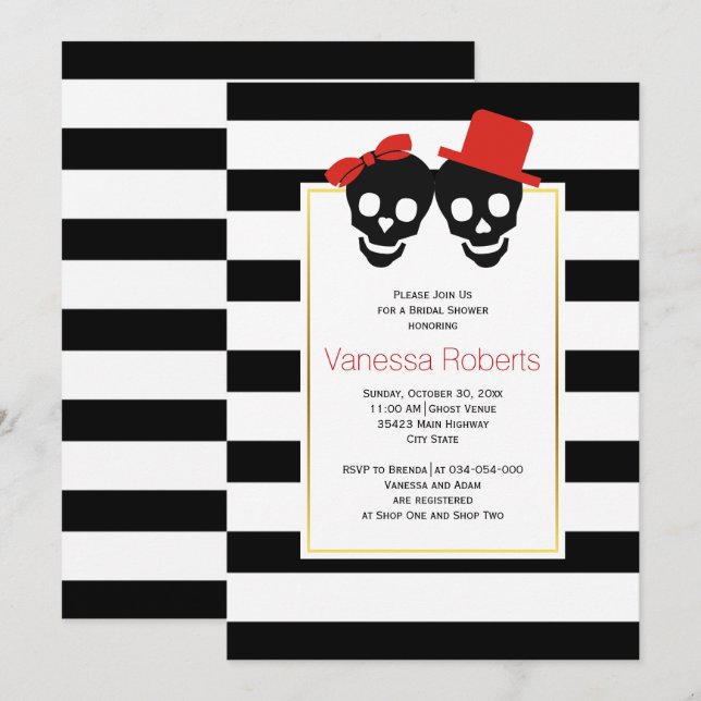 Invitation Crânes Halloween mariage rouge douche nuptiale (Devant / Derrière)