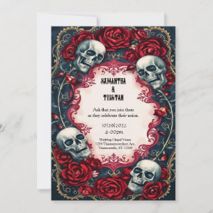 Invitation Crânes Rose de dentelle d'or Mariage gothique