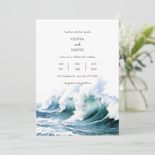 Invitation Crashing Ocean Sea Waves Contexte Plage Mariage (Debout devant)