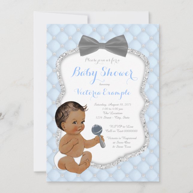 Invitation Cravate à mâchoires gris argenté Baby shower ethni (Devant)