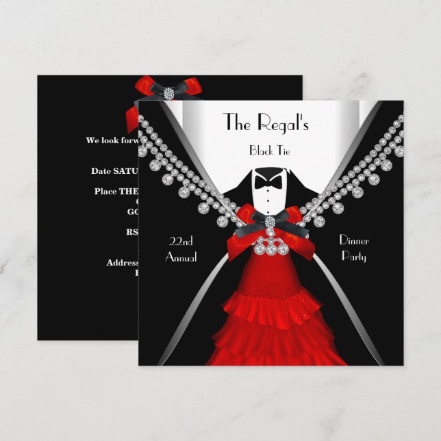 Invitation Cravate Noire Dîner White Red Bow Party (Devant / Derrière)