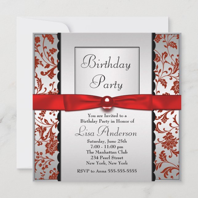 Invitation Cravate rouge et noir Bow Damask Anniversaire (Devant)