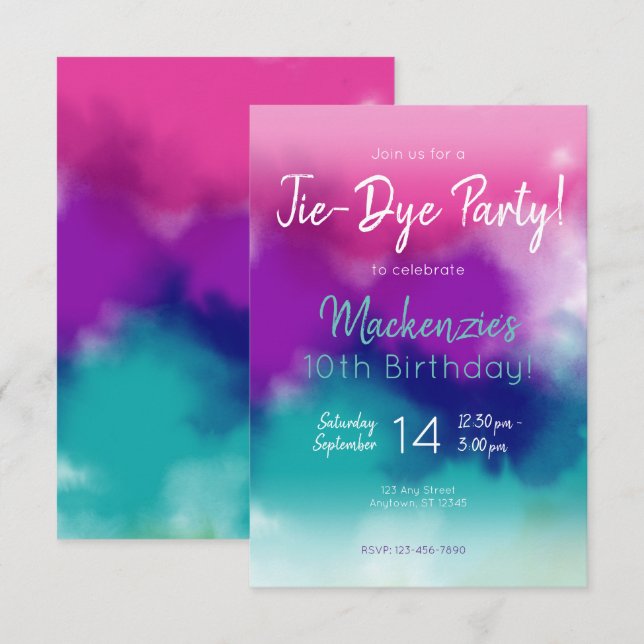 Invitation Cravate-teinture colorée fête d'anniversaire (Devant / Derrière)