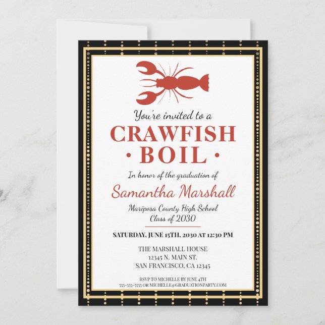 Invitation Crawfish Boil fruits de mer Black Gold Graduation  (Devant)