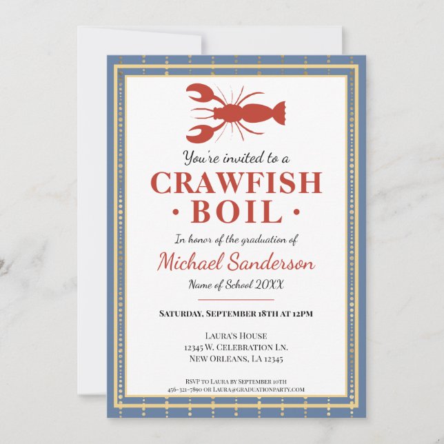 Invitation Crawfish Boil Fruits de mer Blue Graduation Party (Devant)