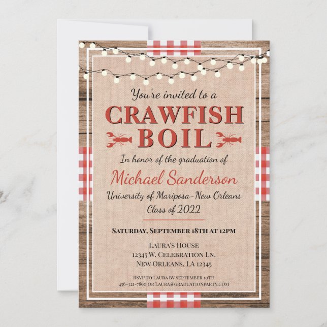 Invitation Crawfish Boil Homard Rustic Graduation Party (Devant)