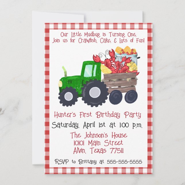 Invitation Crawfish First Birthday Party - L'écrevisse de l'e (Devant)