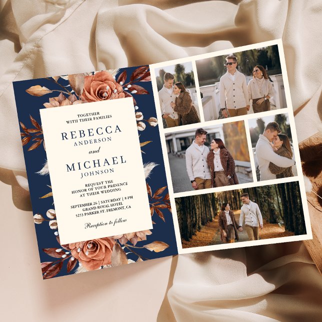 Invitation Cream and Terracotta Floral QR Code Navy Wedding (Créateur téléchargé)