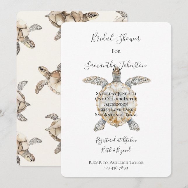 Invitation Cream Beach Sea Turtles Bridal Shower (Devant / Derrière)