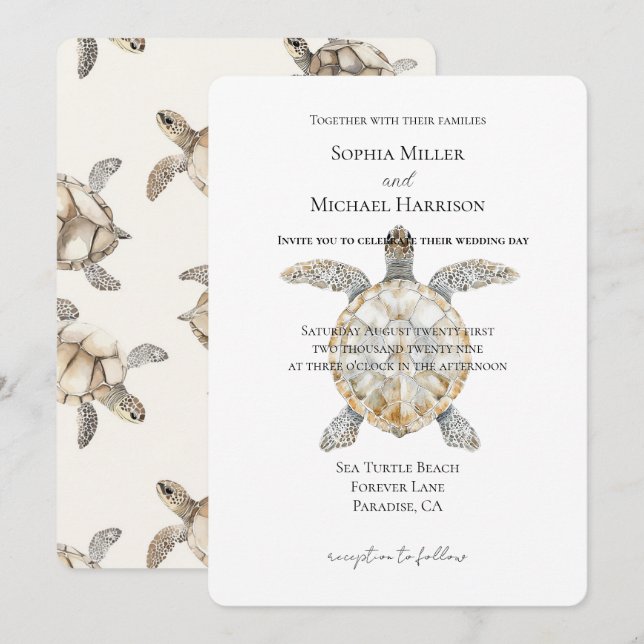Invitation Cream Beach Sea Turtles Wedding (Devant / Derrière)