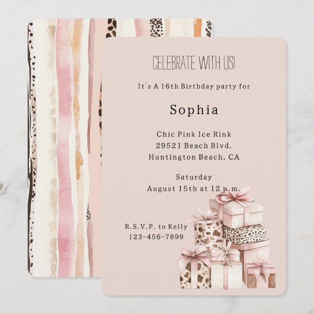 Invitation Cream Brown Blush Pink Leopard Gifts Birthday (Devant / Derrière)