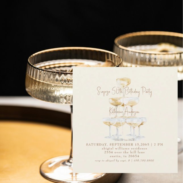 Invitation Cream Champagne Square Surprise 50th Birthday (Créateur téléchargé)