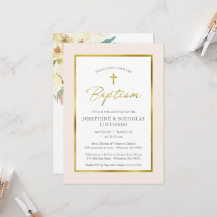 Invitation Cream classique et Gold Script Twins Baptism Invit
