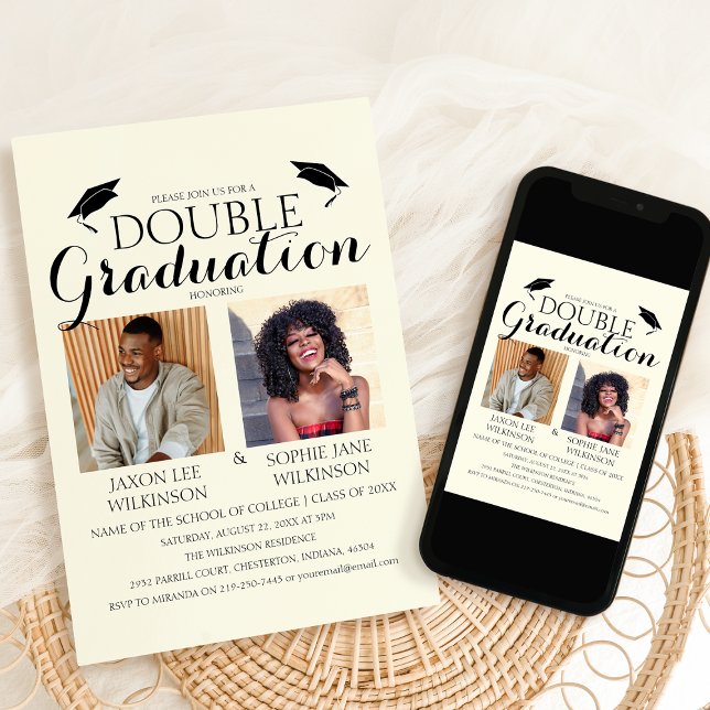 Invitation Cream Double Graduation 2 Photo Graduation Party (Créateur téléchargé)