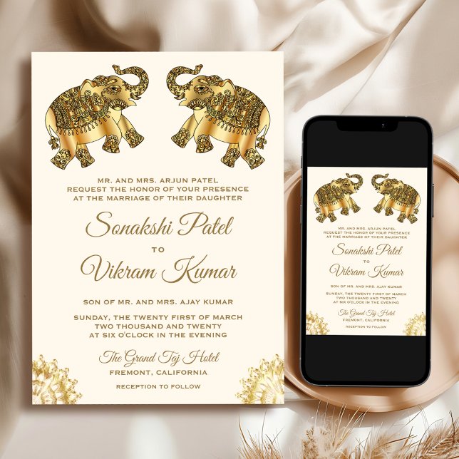 Invitation Cream Gold Ethnic Elephants Indian Wedding (Créateur téléchargé)