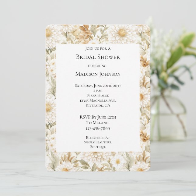 Invitation Cream Gold White Country Flowers Bridal Shower (Debout devant)