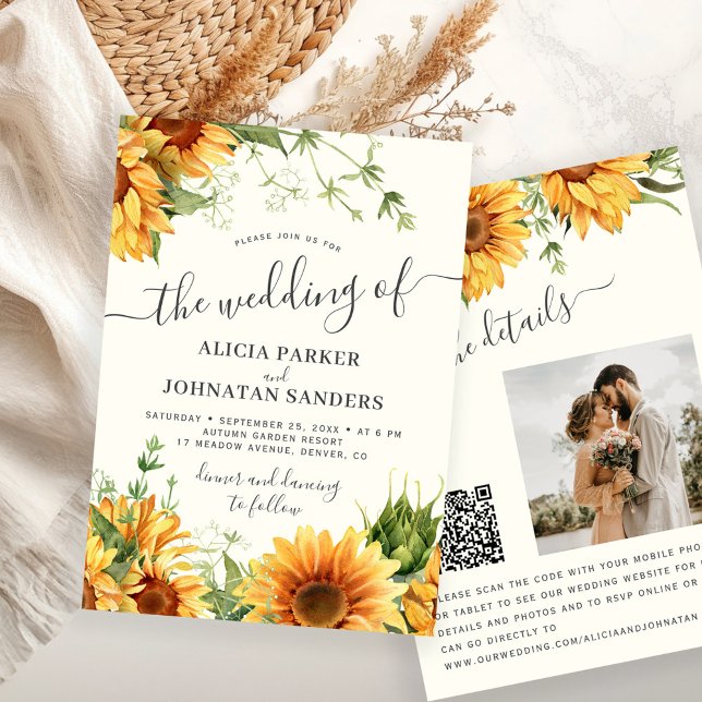 Invitation Cream ivory boho floral sunflower wedding (Créateur téléchargé)