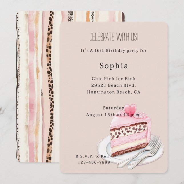 Invitation Cream Leopard Animal Pink Heart Cake Birthday (Devant / Derrière)