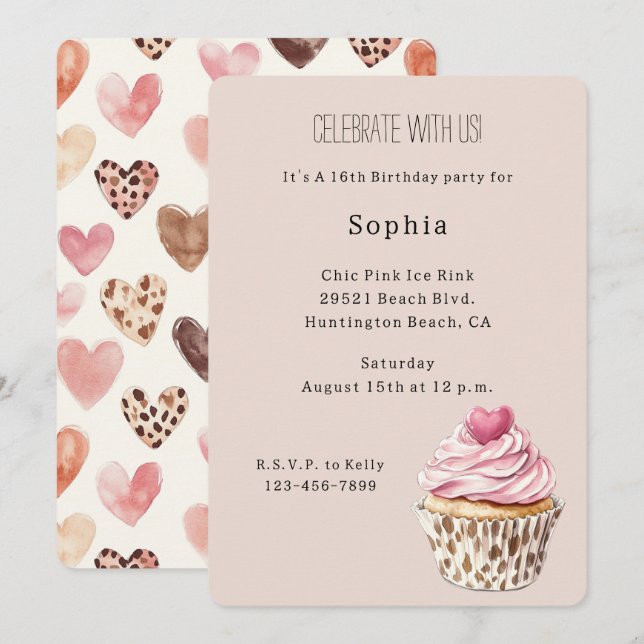 Invitation Cream Pink Heart Cupcake Leopard Birthday (Devant / Derrière)