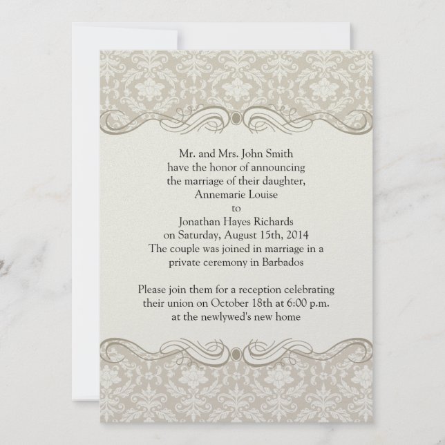 Invitation Cream Tan Damask Swirls Post Mariage (Devant)
