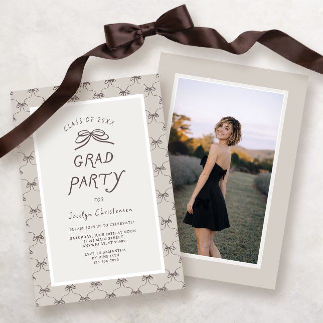 Invitation Cream Taupe Coquette Bow Grad Party (Front and Back View)