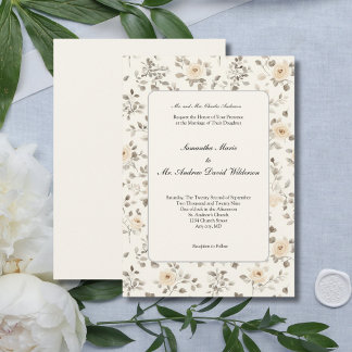Invitation Cream Watercolor Floral Cottagecore Formal Wedding