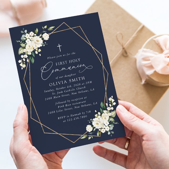 Invitation Cream White Flowers, Boho, First Holy Communion (Créateur téléchargé)