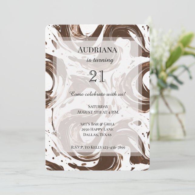 Invitation Creamme Brown Chocolat tourbillons Anniversaire (Debout devant)