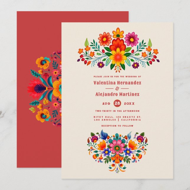 Invitation Creamy Linen & Fiesta Red Folk Art Fiesta Wedding (Devant / Derrière)