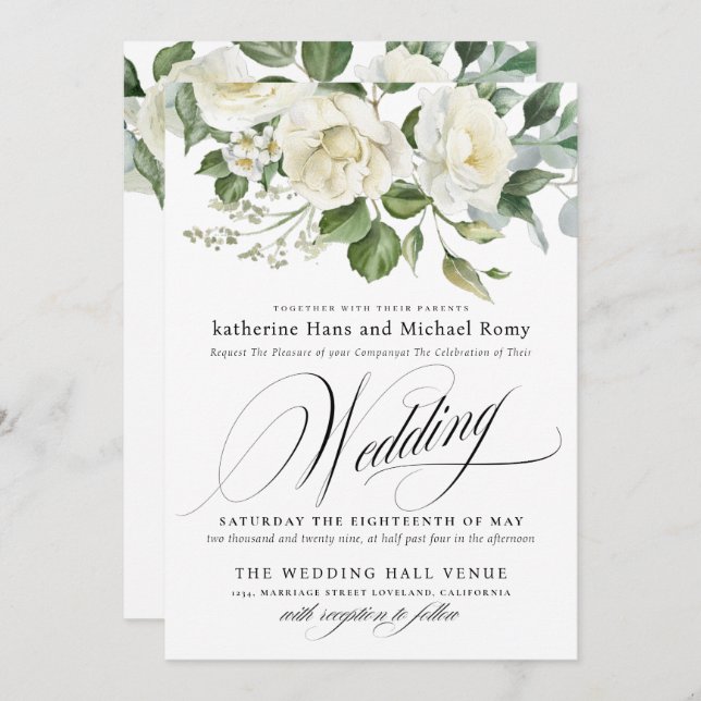 Invitation CreamyFloral Eucalyptus Script Calligraphy Wedding (Devant / Derrière)