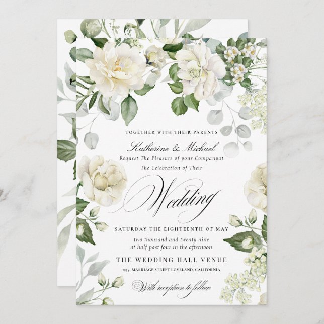 Invitation CreamyFloral Eucalyptus Script Calligraphy Wedding (Devant / Derrière)