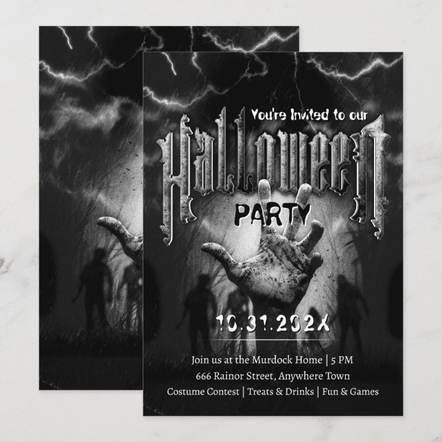 Invitation Creepy Halloween Party Zombies Black Scary Night (Devant / Derrière)