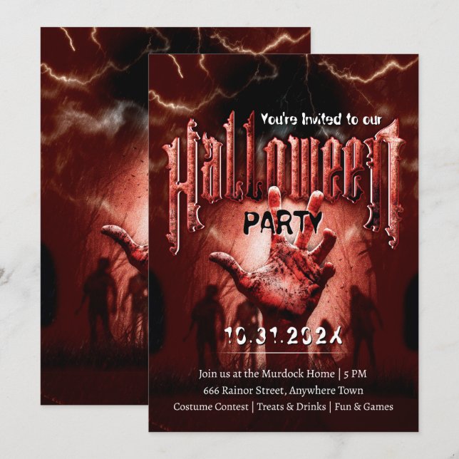 Invitation Creepy Halloween Party Zombies Red Scary Night (Devant / Derrière)