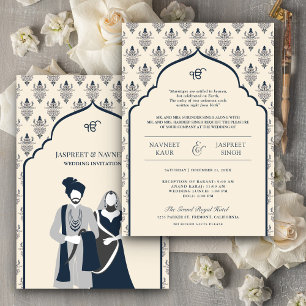 Invitation Crem Navy Blue Punjabi Anand Karaj Mariage Sikh
