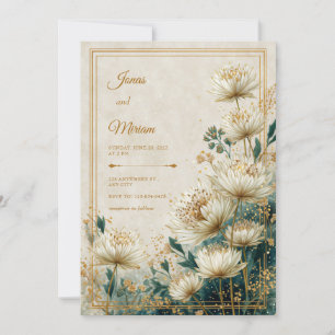 Invitation Crème Astrantia sarcelle dorée à l'aquarelle pour
