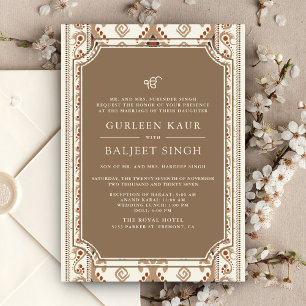Invitation Crème Beige Ikat Anand Karaj Sikh Mariage