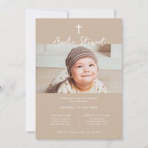 Invitation Crème beige minimaliste photo baptême baptême bapt