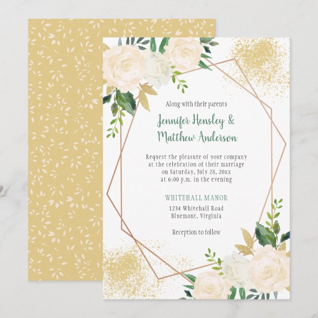 Invitation Crème blanche Roses géométriques Gold Géométrique (Devant / Derrière)