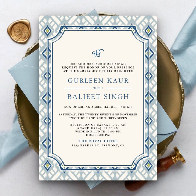 Invitation Crème Bleue Ivory Ikat Anand Karaj Sikh Mariage (Créateur téléchargé)