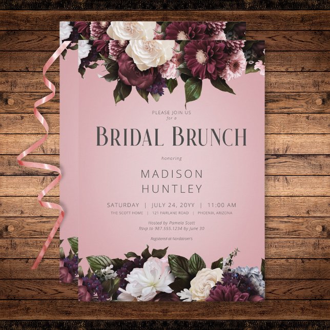 Invitation Crème Bourgogne rustique & Brunch Floral Rose (Rustic Burgundy Cream & Pink Floral Bridal Brunch Invitation)