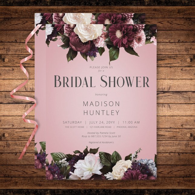 Invitation Crème Bourgogne rustique et Fête des mariées flora (Rustic Burgundy Cream & Pink Floral Bridal Shower Invitation)