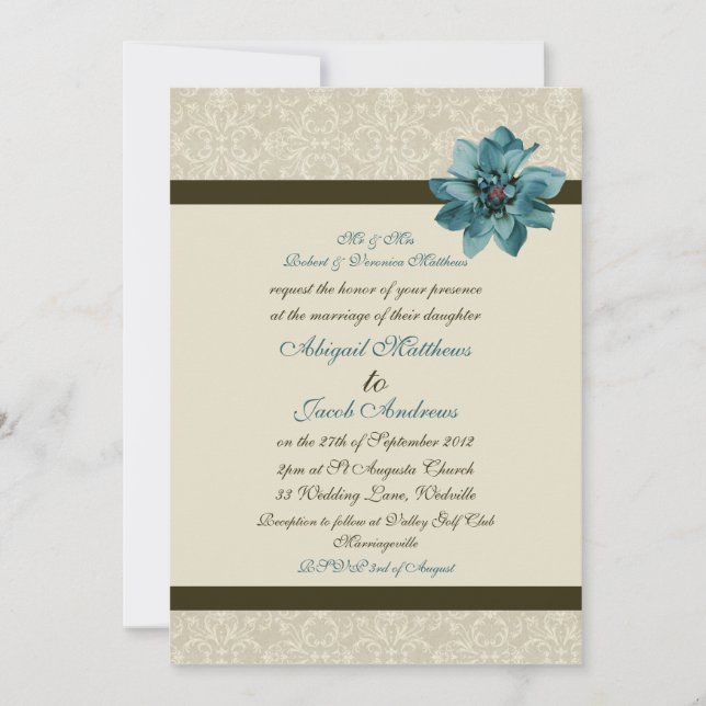 Invitation Crème Brown Au Chocolat Et Mariage À Fleur Bleue T (Devant)