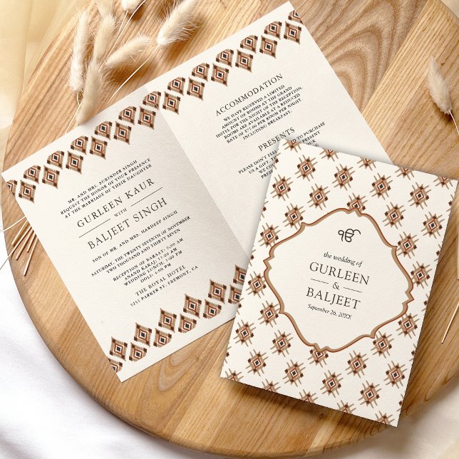 Invitation Crème Brown Ikat All in One Sikh Mariage (Créateur téléchargé)