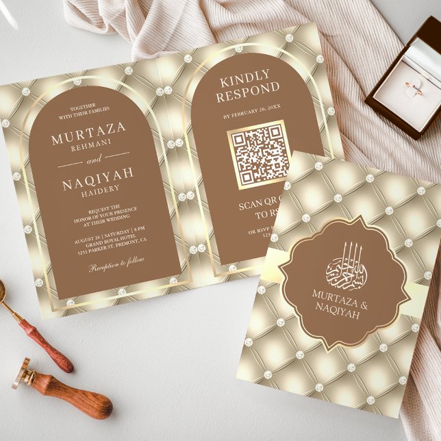 Invitation Crème Brown Tufted Motif QR Code Mariage musulman (Créateur téléchargé)