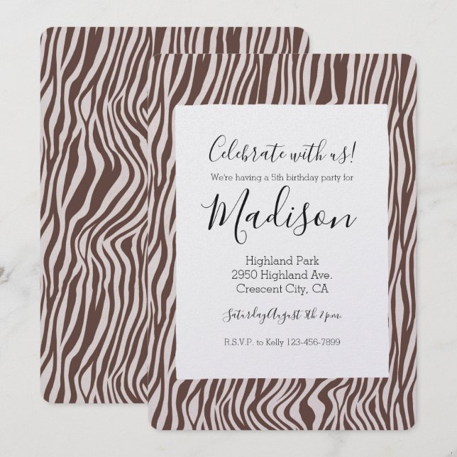 Invitation Crème Brown Zèbre Imprimer Anniversaire (Devant / Derrière)