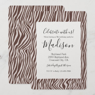 Invitation Crème Brown Zèbre Imprimer Anniversaire