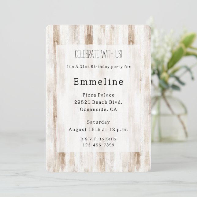 Invitation Crème Chic Blanc Brown rayures Anniversaire (Debout devant)