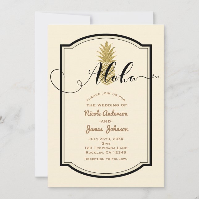 Invitation Crème d'ananas en or et Mariage tropical noir (Devant)