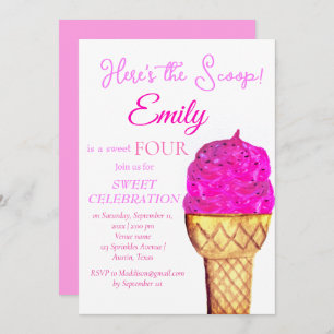 Invitation Crème de glace 4e anniversaire fille rose aquarell