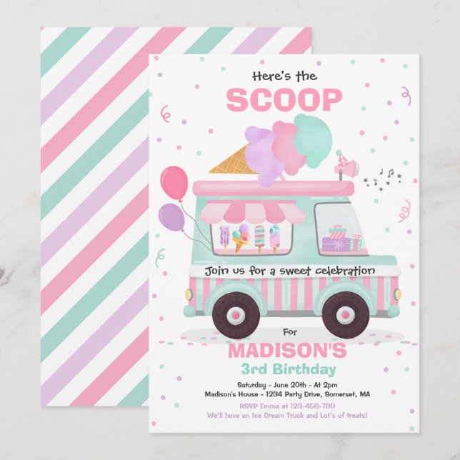 Invitation Crème de glace Anniversaire Fête Glace Truck Anniv (Devant / Derrière)